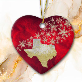Adorno De Cerámica Corazón de Texas con copo de nieve de oro rojo