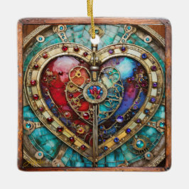 Adorno De Cerámica Corazón de vidrio teñido rojo y azul serie Steampu