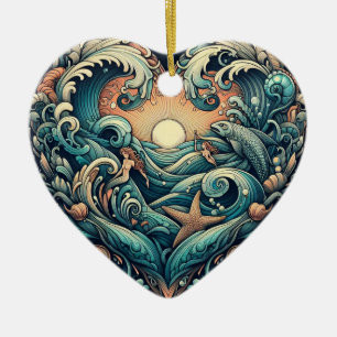 Adorno De Cerámica Corazón del mar: Sirena y peces