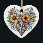 Adorno De Cerámica Corazón floral personalizado con mensaje sensorial<br><div class="desc">Bonito floral de corazón ai art. Tattoo estilo arte con un mensaje sentimental personalizado en la parte de atrás.</div>