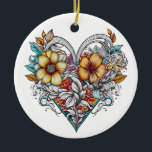Adorno De Cerámica Corazón floral personalizado con mensaje sensorial<br><div class="desc">Bonito floral de corazón ai art. Tattoo estilo arte con un mensaje sentimental personalizado en la parte de atrás.</div>