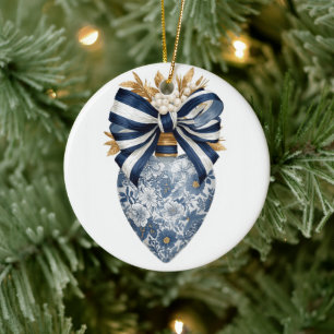 Adorno De Cerámica Corazón Floral Toile Azul con Lazo de Raya de Mari