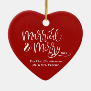 Adorno De Cerámica Corazón Rojo Nuestra Primera Navidad Casada Fotos