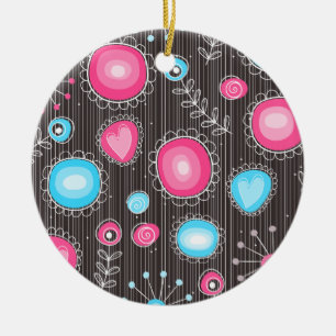 Adorno De Cerámica Corazón rosa y azul singulares y flores florales