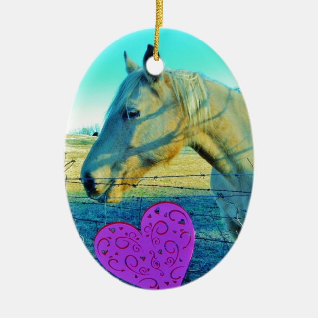 Adorno De Cerámica Corazón rosa y caballo amarillo (Frente)