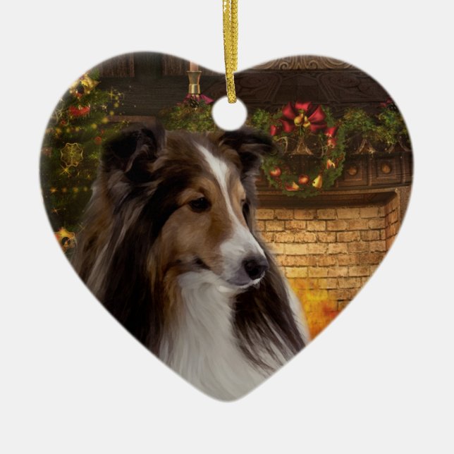 Adorno De Cerámica Corazón Sheltie del día de fiesta (Frente)