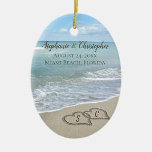 Adorno De Cerámica Corazones de bodas de playa en la arena elegante