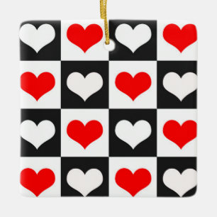Adorno De Cerámica Corazones de cuadros rojos y blancos