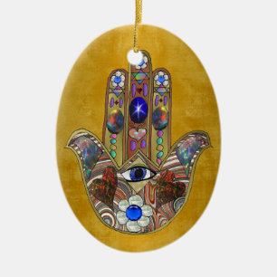 Adorno De Cerámica Corazones de Hamsa Flores Ópalo Arte en Oro