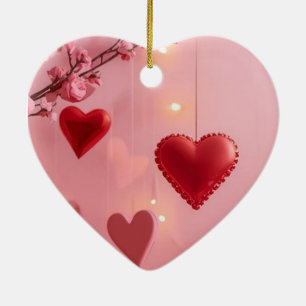 Adorno De Cerámica Corazones rojos flores rosadas en el árbol románti