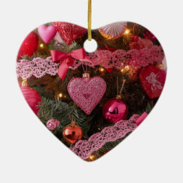 Adorno De Cerámica Corazones rosas, bulbos rojos en un árbol romántic