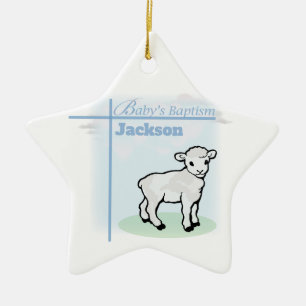 Adorno De Cerámica Cordero Niño Azul Bautizo, Personalizable