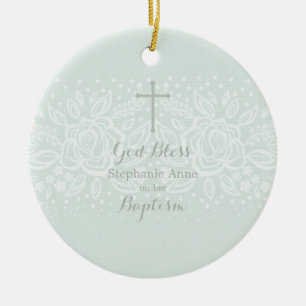 Adorno De Cerámica Cordón floral delicado del ópalo azul del bautis