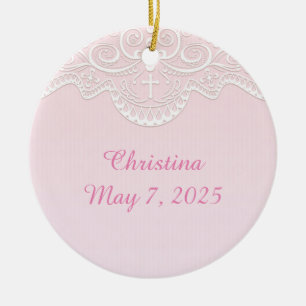 Adorno De Cerámica Cordón rosado, blanco, religioso