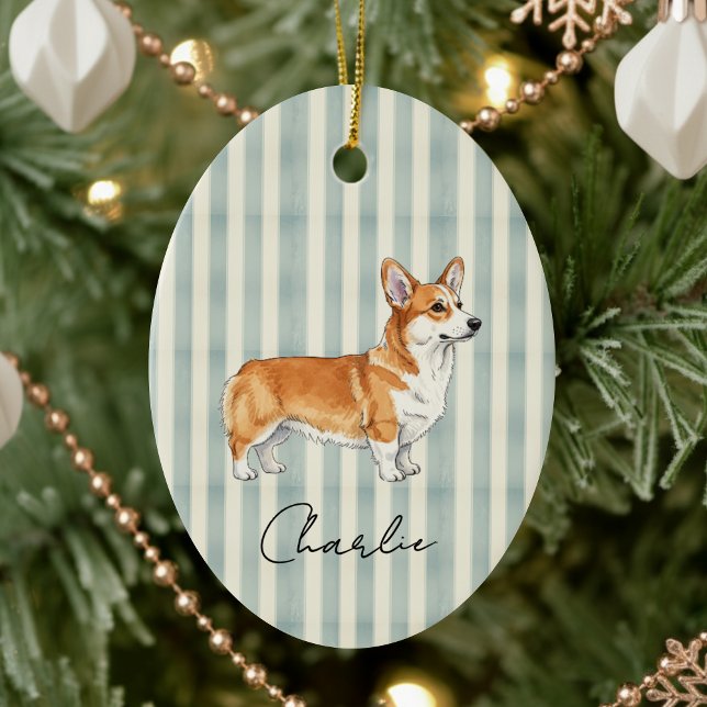Adorno De Cerámica Corgi acuarela de color Mascota dibujado a mano (Celebrate the holidays with this timeless, vintage striped pet portrait! )