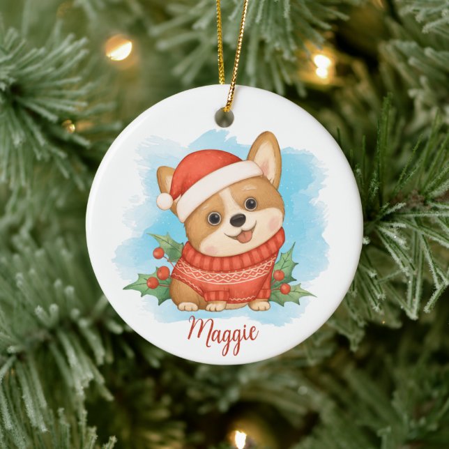 Adorno De Cerámica Corgi de corte con nombre (Árbol)