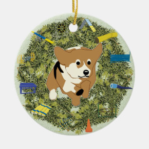 Adorno De Cerámica Corgi de la agilidad de la guirnalda de Navidad