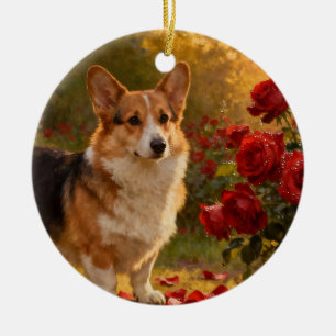 Adorno De Cerámica Corgi en las Rosas V