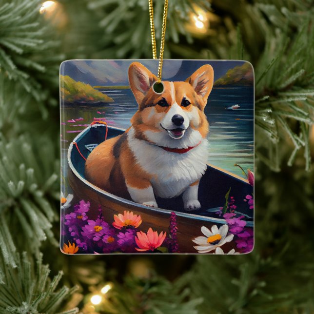 Adorno De Cerámica Corgi en un remo: Una aventura escénica (Árbol)