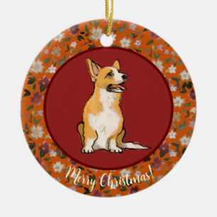 Adorno De Cerámica Corgi floral de Navidad