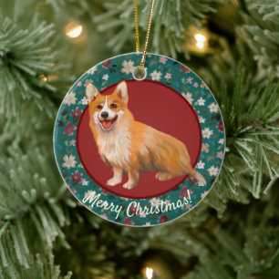 Adorno De Cerámica Corgi floral de Navidad
