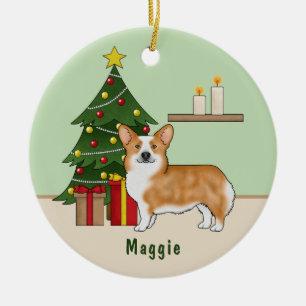 Adorno De Cerámica Corgi Galés Pembroke Rojo Perro y Árbol de Navidad