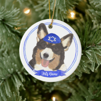 Adorno De Cerámica Corgi Hanukkah tricolor negro personalizado