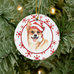 Adorno De Cerámica Corgi Santa Hat Red Snowflake Navidades