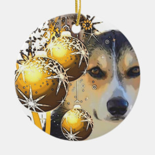 Adorno De Cerámica Corgi tricolor del navidad con los bulbos