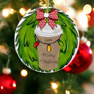 Adorno De Cerámica Corona de Café Feliz Navidad Personalizada