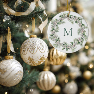 Adorno De Cerámica Corona de Navidad con bayas blancas de muérdago mo