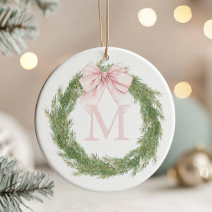 Adorno De Cerámica Corona de Navidad con Monograma y Lazo Rosa