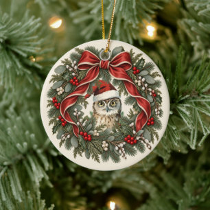 Adorno De Cerámica Corona de Navidad de búho vintage