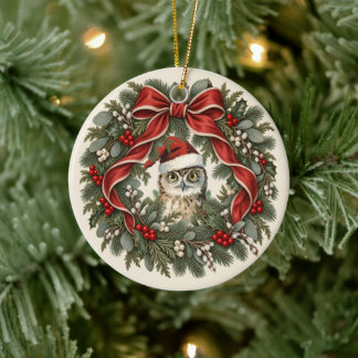 Adorno De Cerámica Corona de Navidad de búho vintage