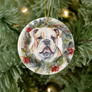Adorno De Cerámica Corona de Navidad de Bulldog Perro Festivo