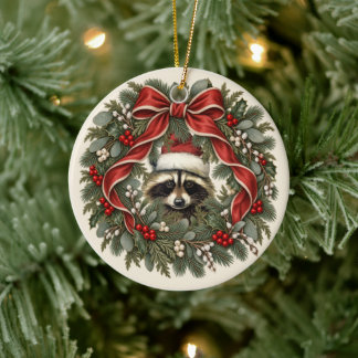Adorno De Cerámica Corona de Navidad de Mapache Vintage