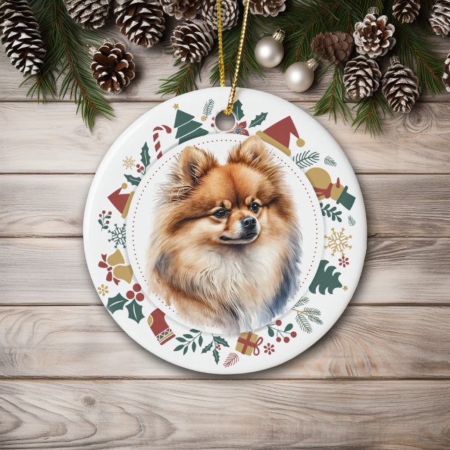 Adorno De Cerámica Corona de Navidad de perro Pomerania rojo (Subido por el creador)