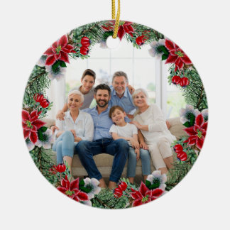 Adorno De Cerámica Corona de Navidad de Poinsettia con Foto Familiar