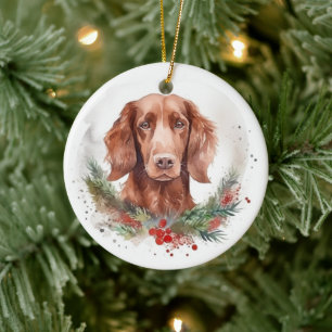 Adorno De Cerámica Corona de Navidad de Setter Rojo Irlandés Perro Fe