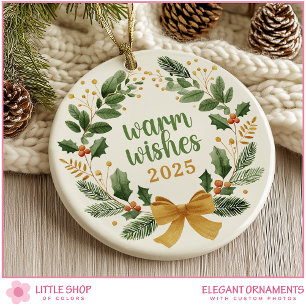 Adorno De Cerámica Corona de Navidad elegante con foto personalizable