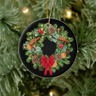 Adorno De Cerámica Corona de Navidad elegante y festiva con lazo rojo