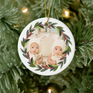 Adorno De Cerámica Corona de Navidad para Gemelos Recuerdo Foto