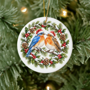 Adorno De Cerámica Corona de Navidad Rústica de Pareja de Pájaros con
