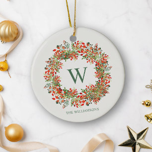 Adorno De Cerámica Corona de Navidad Tradicional Monograma Nombre Fie