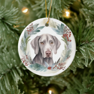 Adorno De Cerámica Corona de Navidad Weimaraner Cachorro Festivo