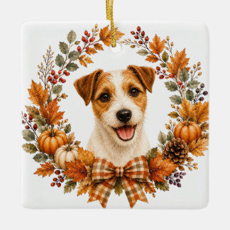 Adorno De Cerámica Corona de Otoño Jack Russell