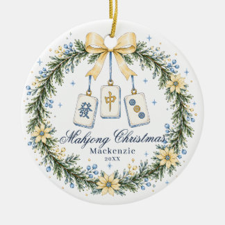Adorno De Cerámica Corona de teja de Mahjong amarilla y azul Navidad