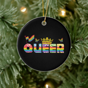 Adorno De Cerámica Corona gay arcoiris con bandera y mariposas