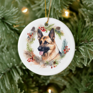 Adorno De Cerámica Corona Navideña de Pastor Alemán Perro Festivo