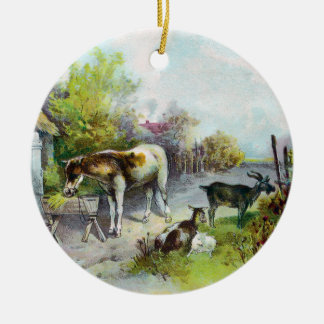 Adorno De Cerámica Corral rústico con el caballo y las cabras